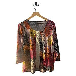 Forever Jade Colorful Print Top Crochet Trim 3/4 Sleeve Blouse Large‎